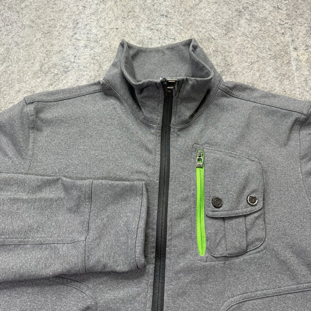 Lululemon Track Jacket Men L Gray Full Zip Green Accents Zipped Pockets Knockout